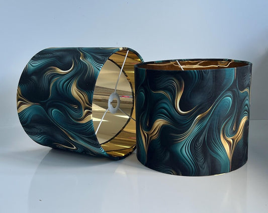 Handmade Teal & Gold Wave Lamp Shade: Drum Pendant Light