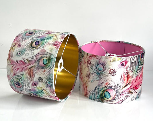 Handmade by order luxury pink peacock feathers on velvet drum lamp shade
